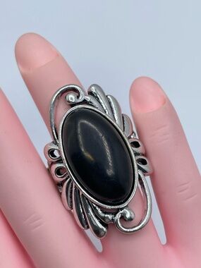 Silver Tone Black Onyx Style Statement Ring Stretch Band Bold Vintage